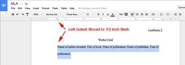 mla format hanging indent google docs