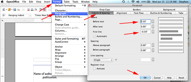 how to do a hanging indent on open office